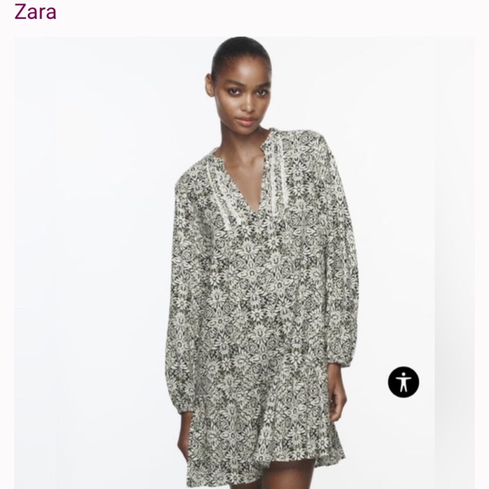 Zara long sleeve drop waist green print dress S
